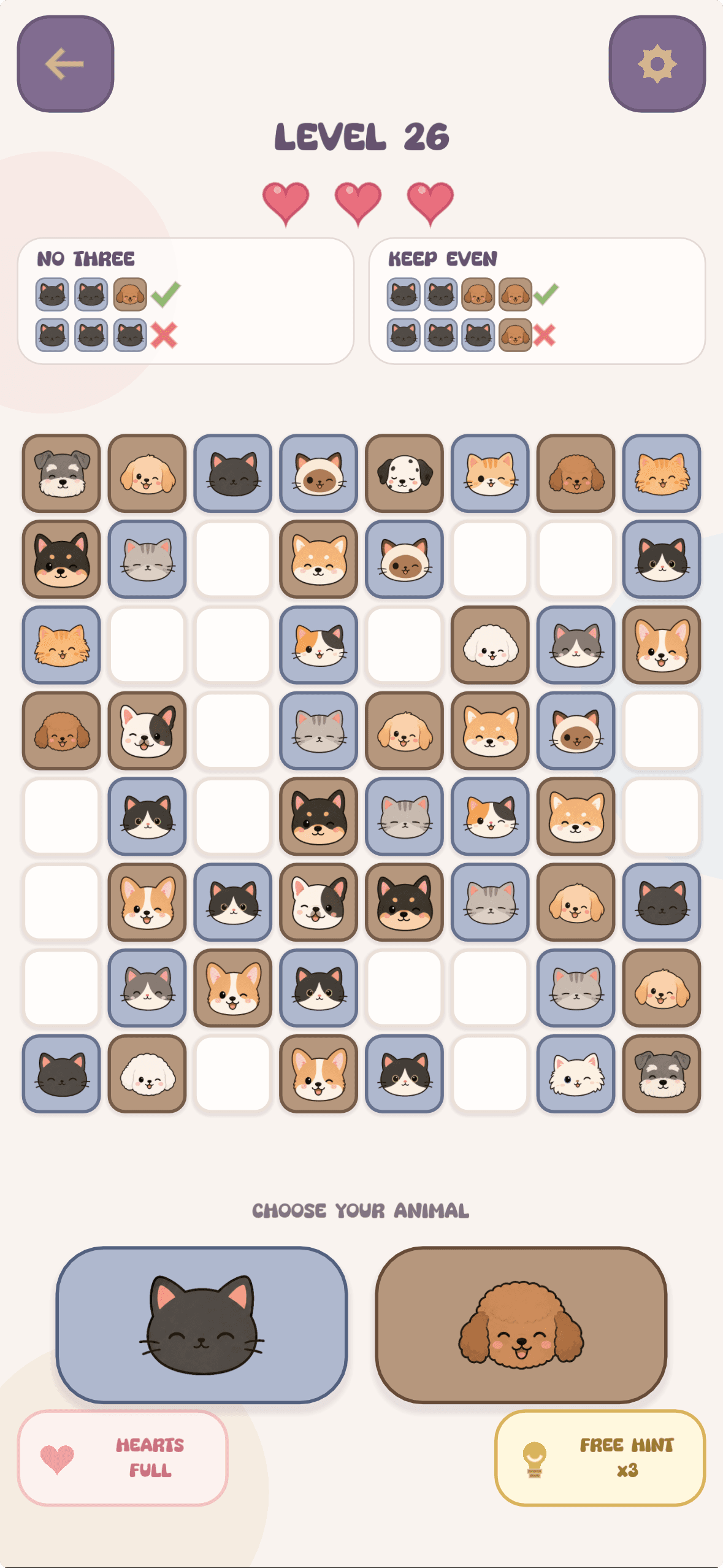 PAWZZLE Level 26 showing the No Three and Keep Even rules, an eight-by-eight cat-and-dog puzzle board, hearts, and hint controls